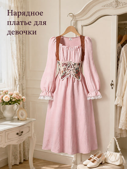 Pink Girls' Dress with Long Sleeves and an A-Line Silhouette Costume Dresses detail
