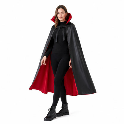 Long black hooded cape with red lining Costume Capes detail