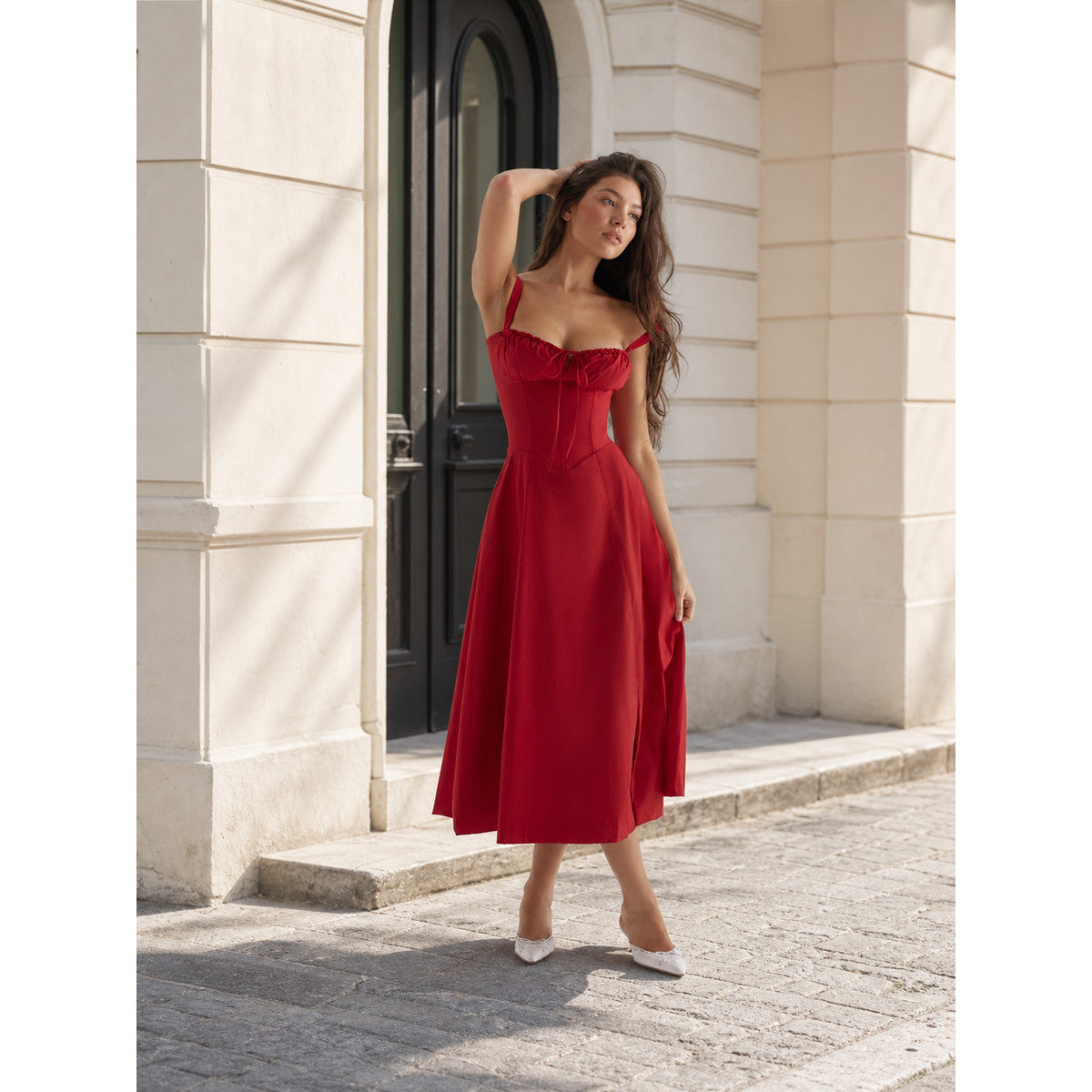 Women's Red Midi Dress with Fitted Bodice