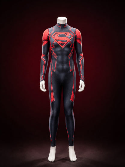Superboy Stretch Print Bodysuit Costume, Red Black Superhero Jumpsuit