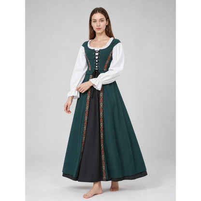 The retro dress is designed in a courtly style and comes with a woven headpiece. The dress is presented in deep green with long white sleeves, white trim along the edge of the collar and cuffs, and crisscross lacing at the front that emphas