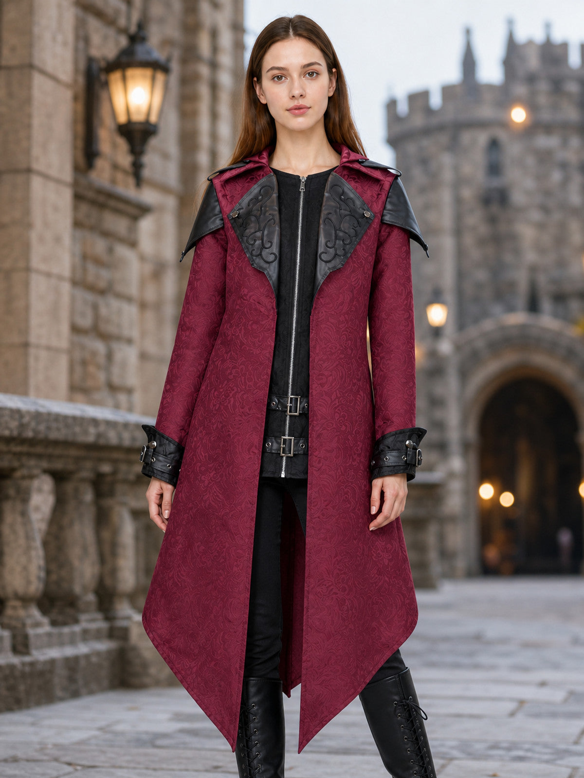 Black long gothic fantasy-style cloak with decorative details, a high collar lifestyle view