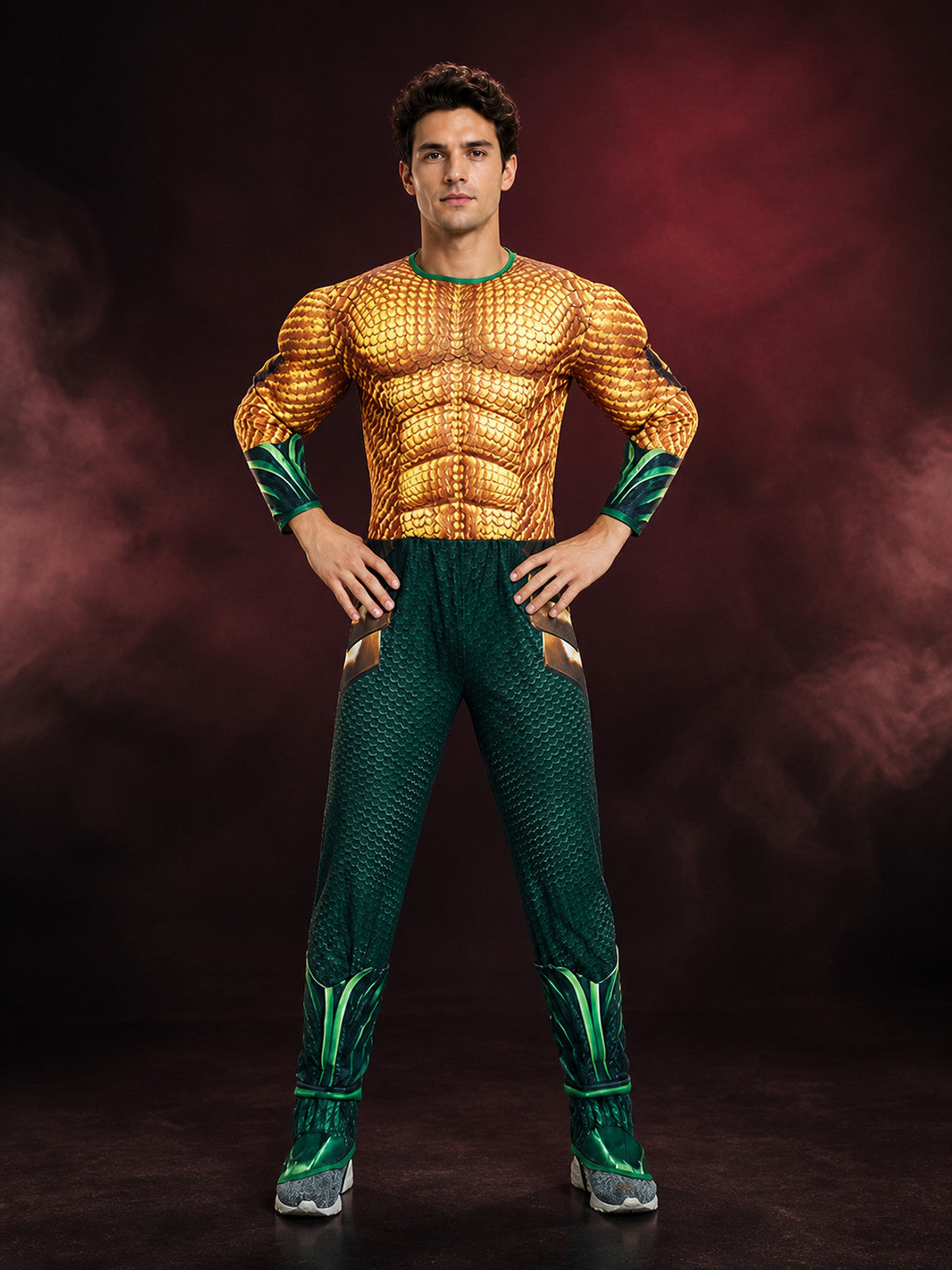 Adult Aquaman Muscle-Design Scaled Bodysuit Costume, Long Sleeve