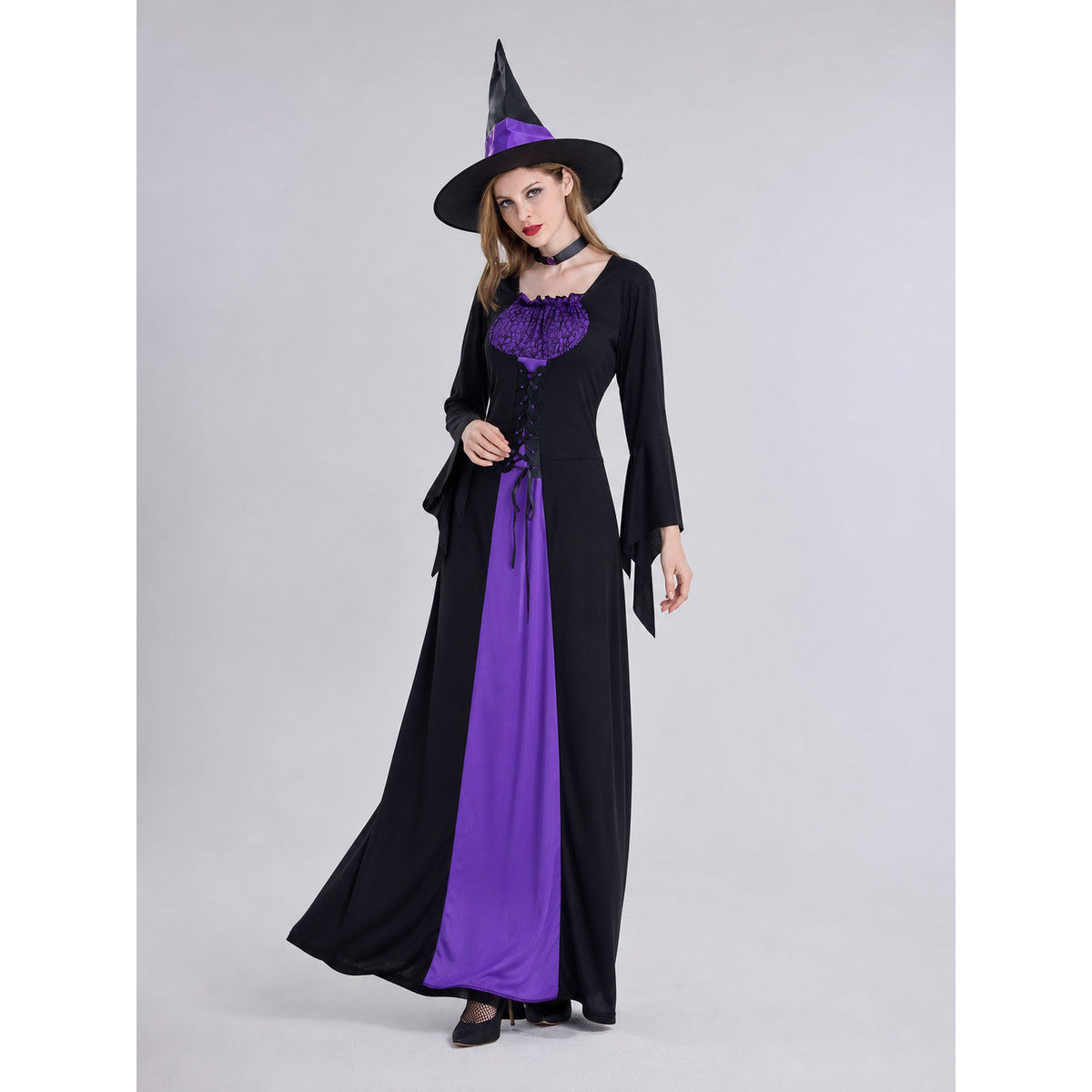 Cosplay costume designed as a long black and purple wizard-themed dress. The set includes a dress, a pointed wide-brimmed hat, and a collar. The design features long sleeves with flared cuffs, a fitted upper section, and a lace-up front. Th