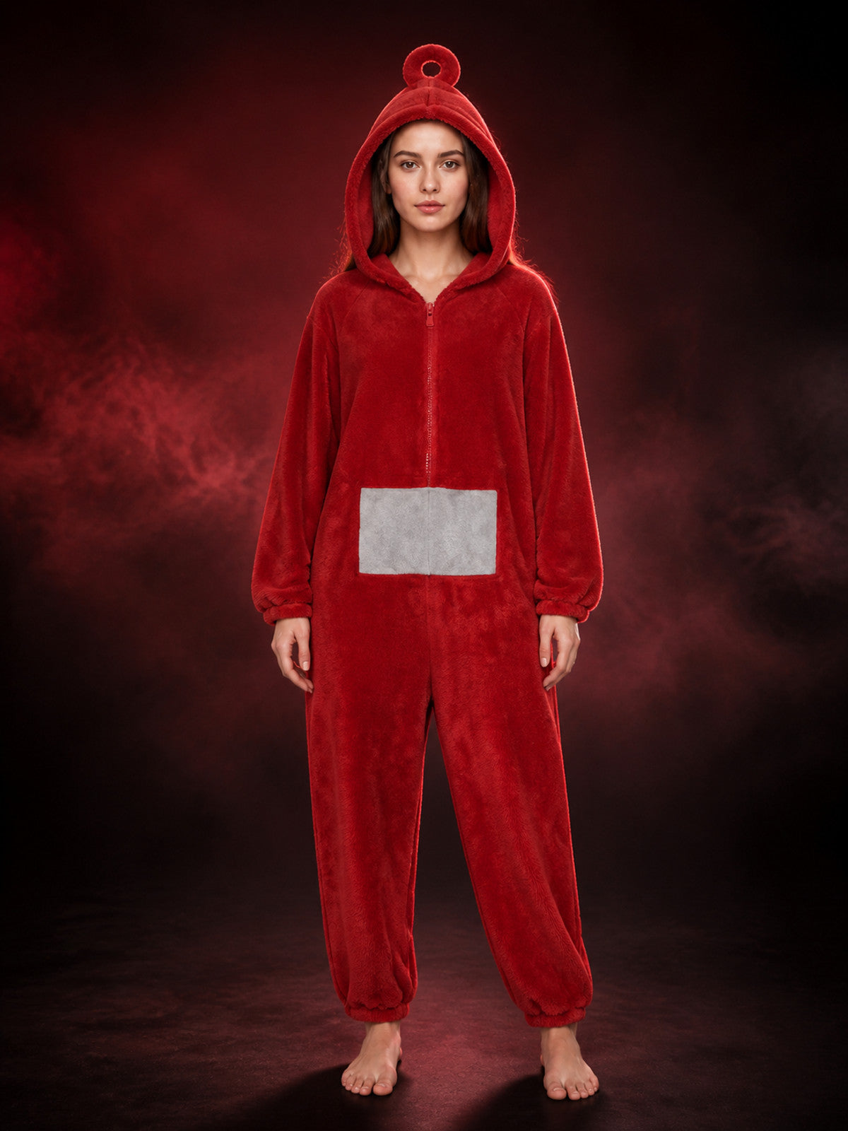Adult Red Antenna Hooded Jumpsuit Costume with Gray Belly Patch, Funny Halloween