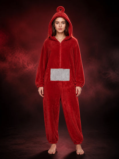 Adult Red Antenna Hooded Jumpsuit Costume with Gray Belly Patch, Funny Halloween