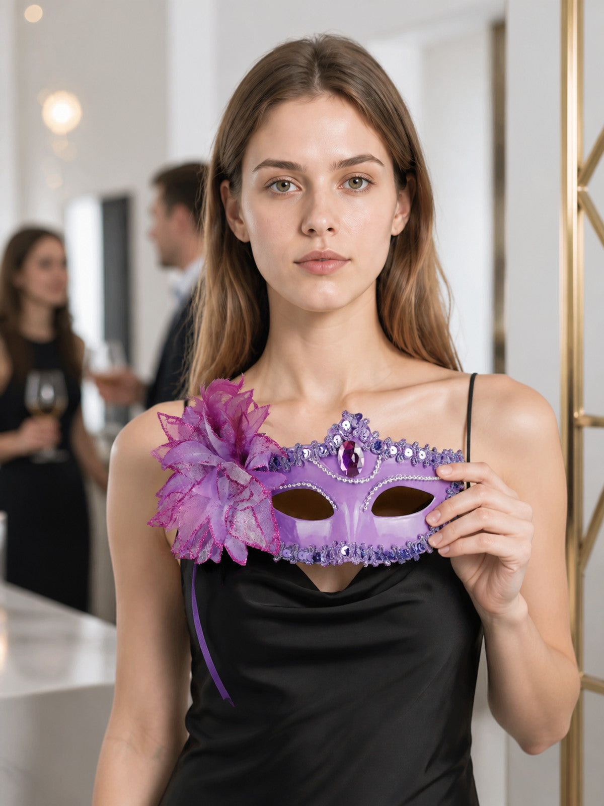 Purple Carnival Mask with Flower and Feathers lifestyle view