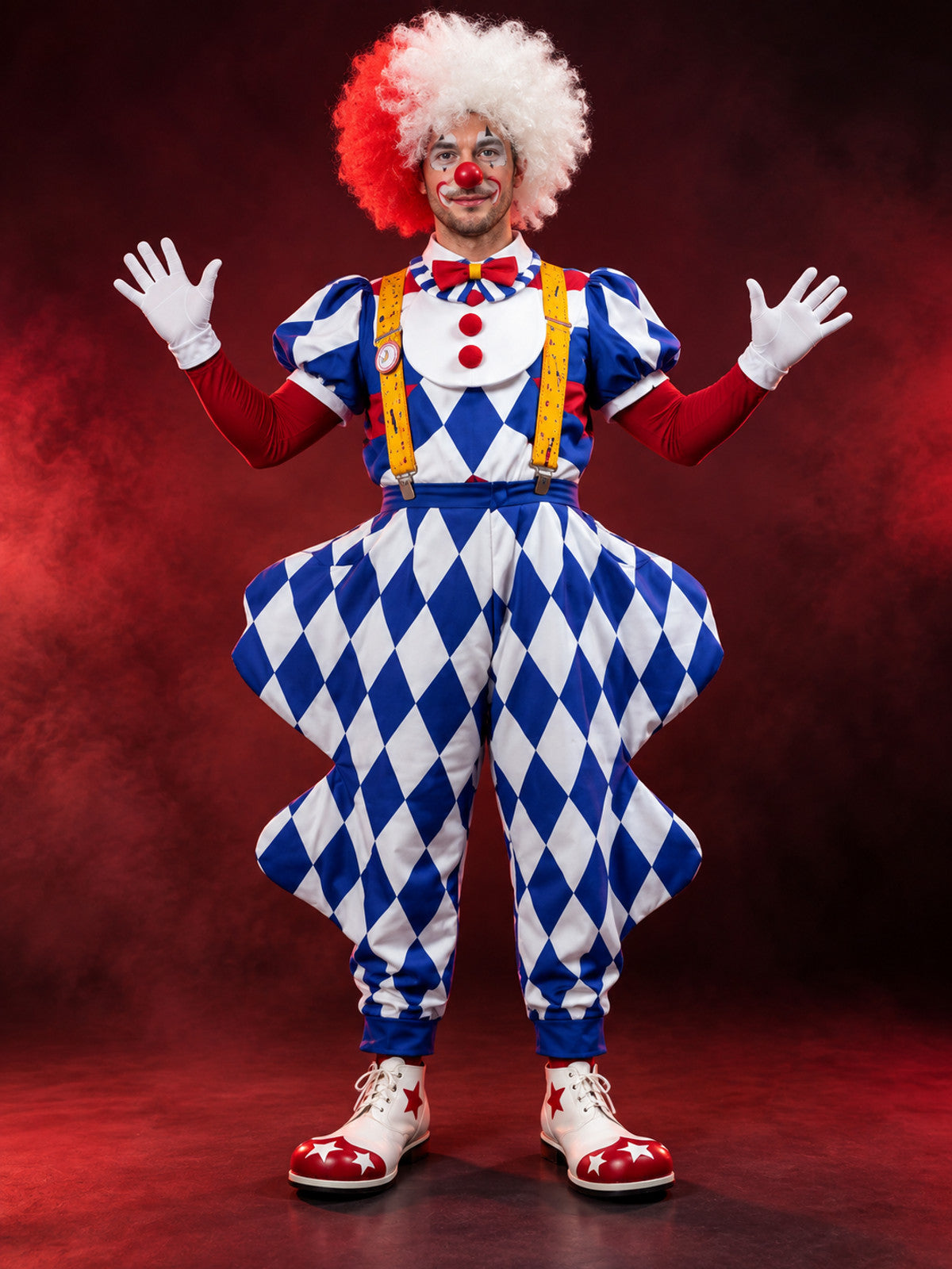 Clown Costume, 6 Pieces, with White Wig and Bow