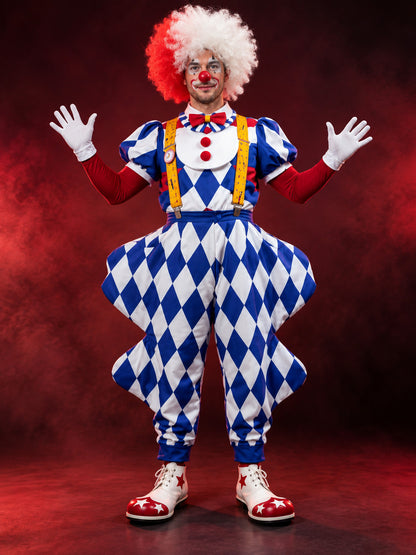 Clown Costume, 6 Pieces, with White Wig and Bow