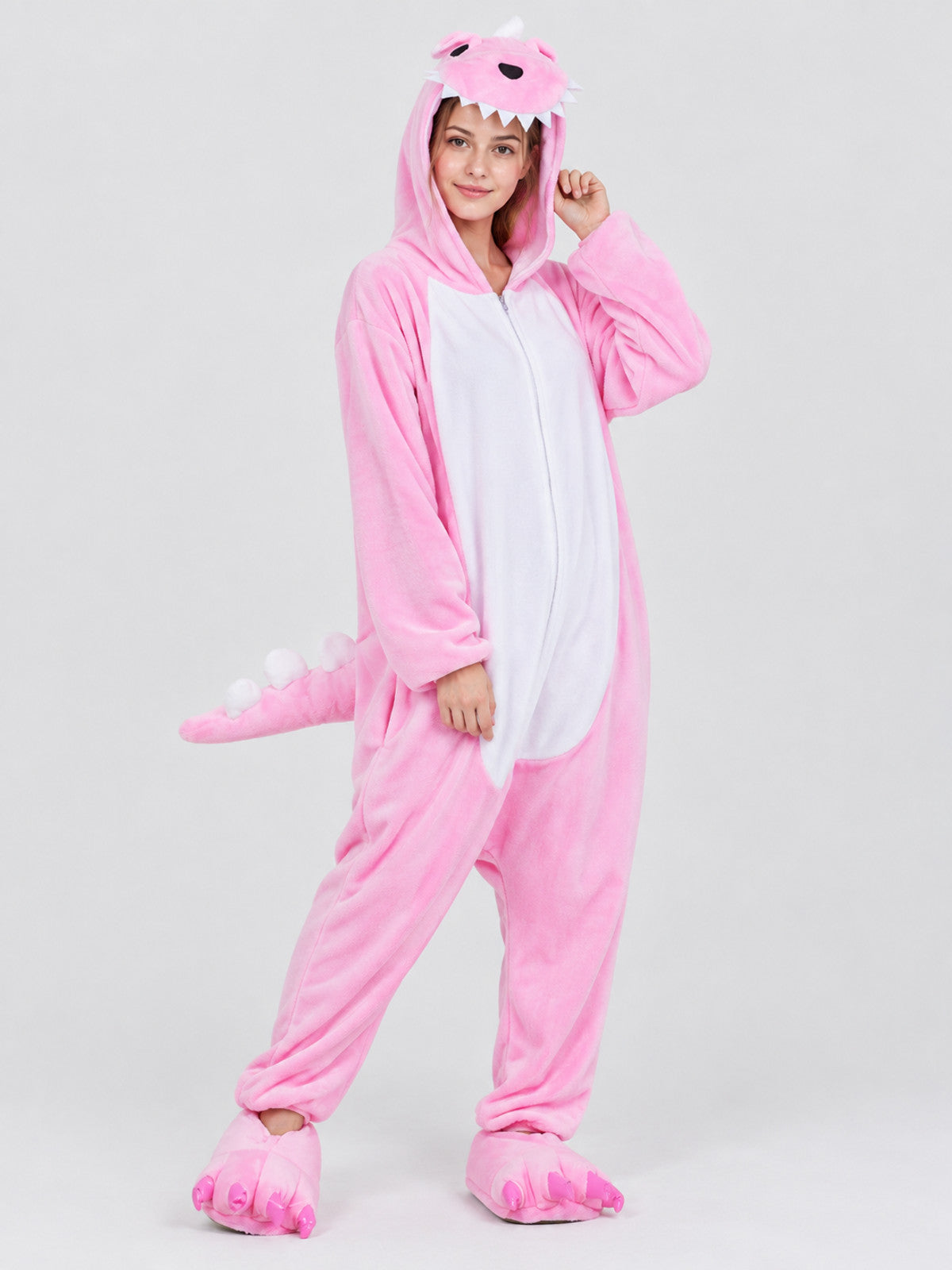 Pink and white pajama jumpsuit with dragon hood