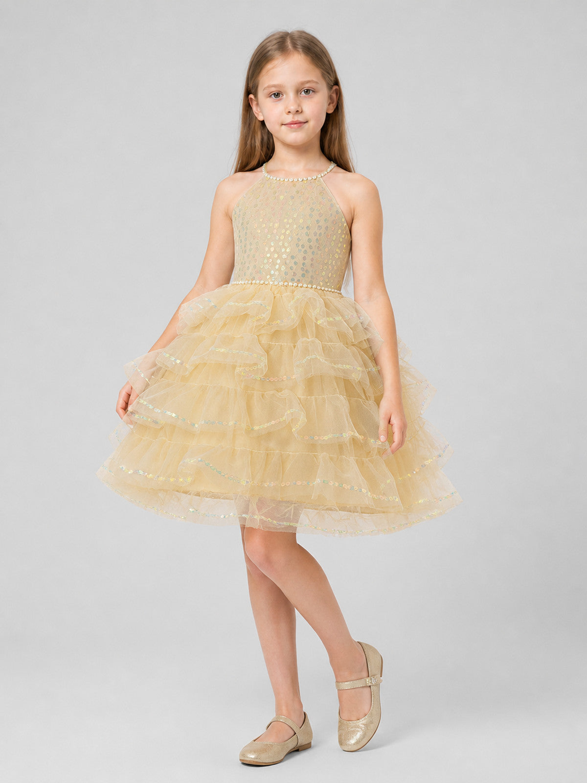 Full Dress with a Tiered Skirt and Pearl Embellishments Costume Dresses detail