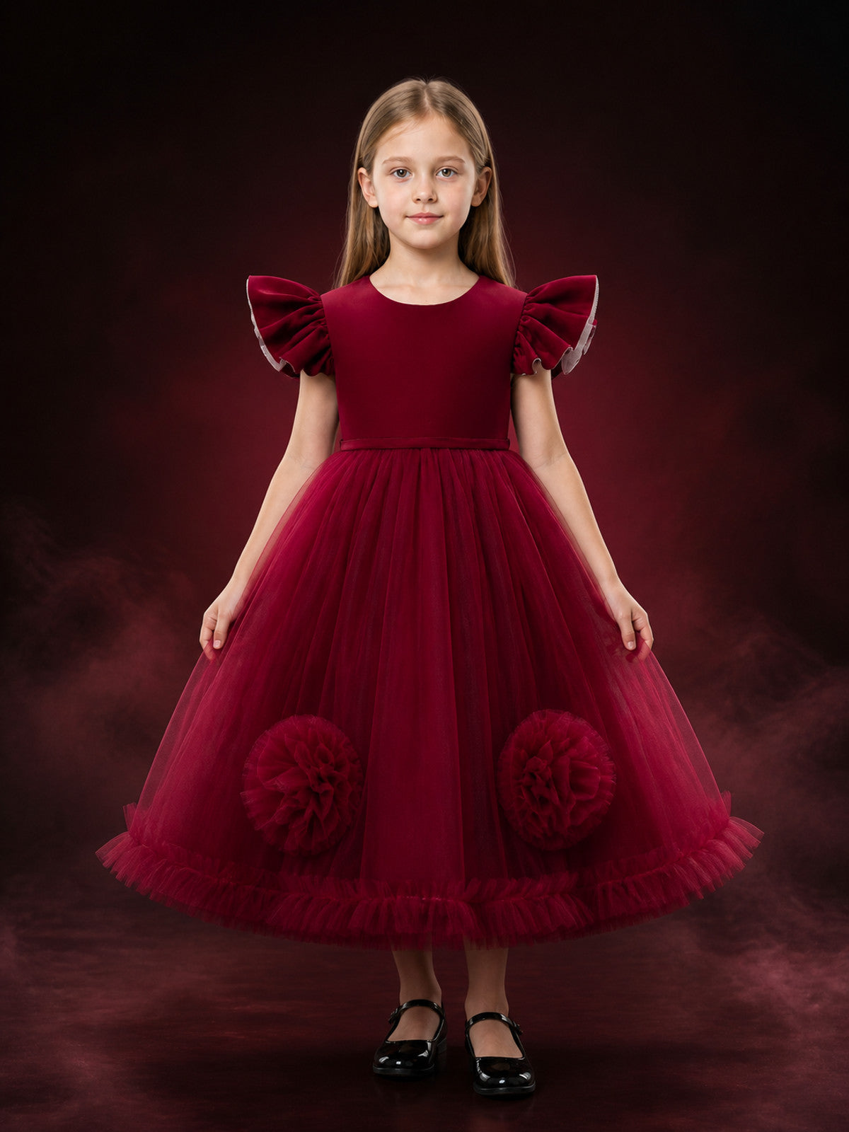 Girls' Maroon Princess Party Dress with Layered Tulle Skirt and 3D Flowers main product view