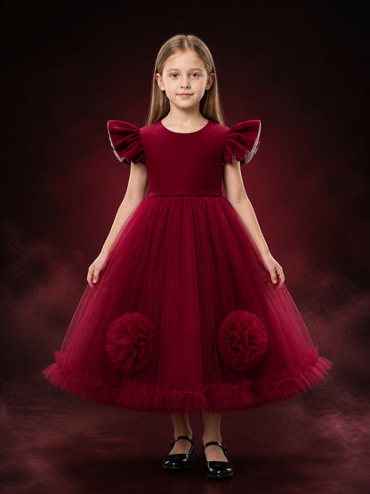 Girls' Maroon Princess Party Dress with Layered Tulle Skirt and 3D Flowers main product view