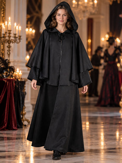 Long Loose-Fit Hooded Cloak Cape Black