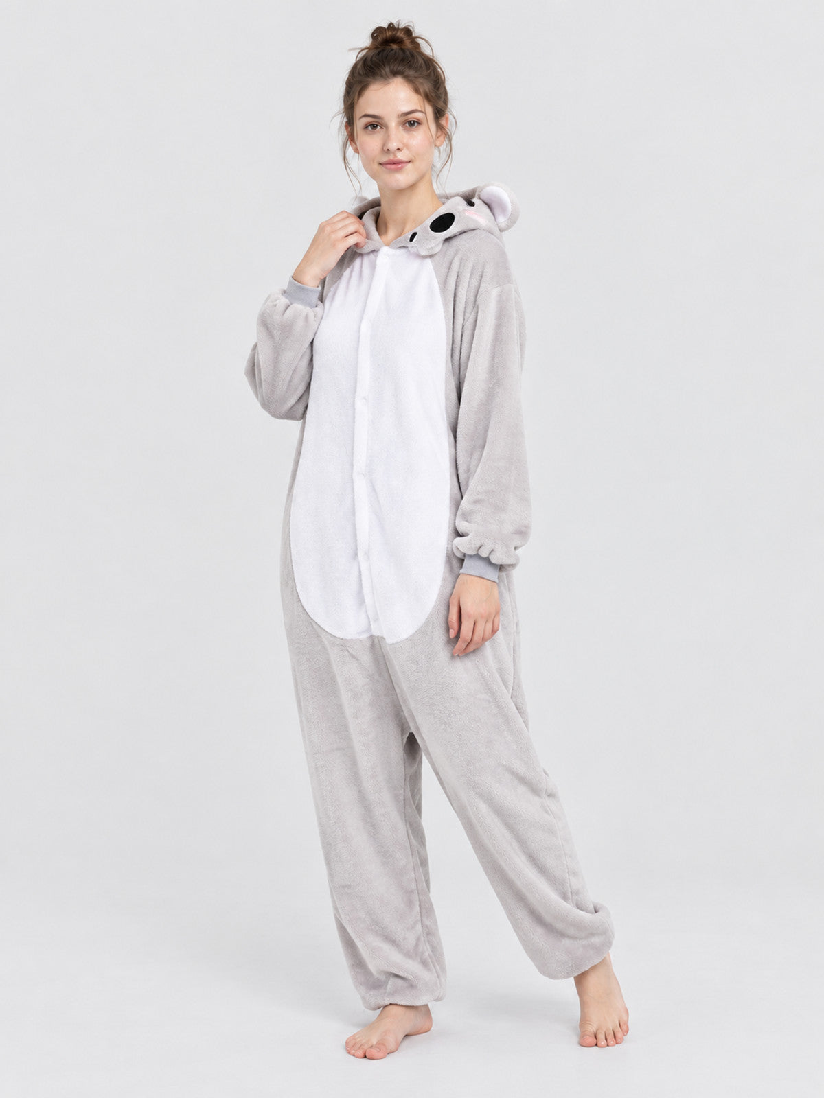 Hooded Pajama Jumpsuit with Ears, Light Gray