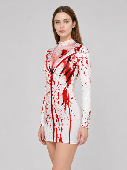 White fitted long-sleeve costume top with red splatter print, dark lapel trim, and front zipper, shown in a three-quarter view
