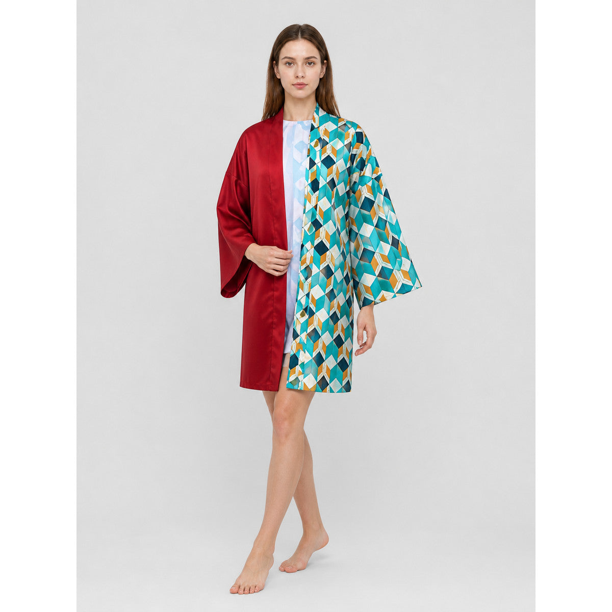 Cloak with Geometric Print and Contrasting Colors