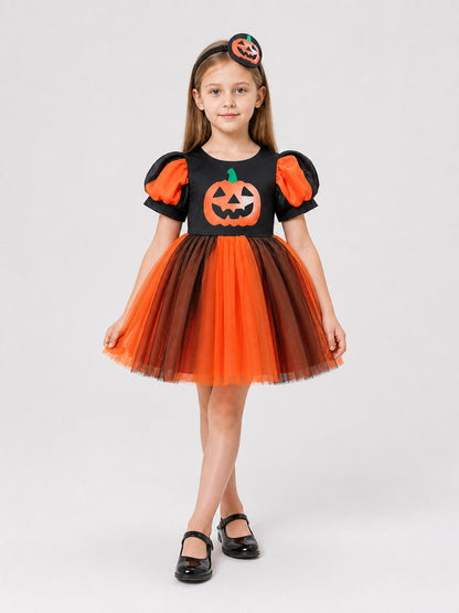 Halloween Pumpkin Dress with Headband, Full Skirt