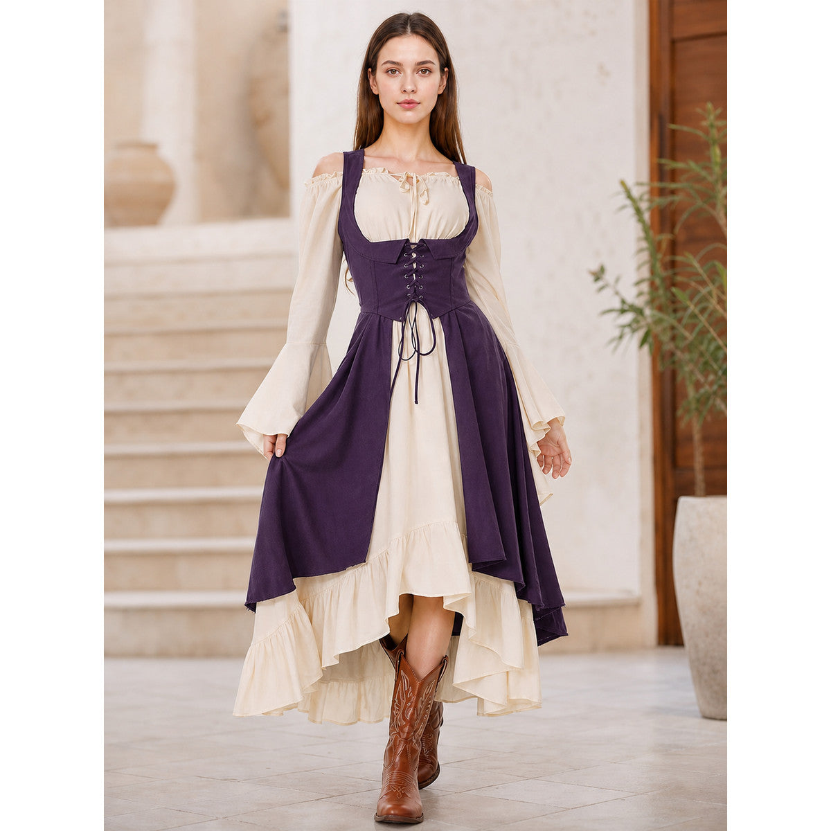 Purple Retro-Style Lace-Up Pinafore Dress lifestyle view