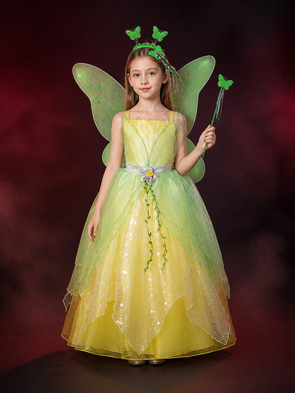 Girls Enchanted Fairy Princess Costume Dress with Wings, Headband & Wand, Green main product view