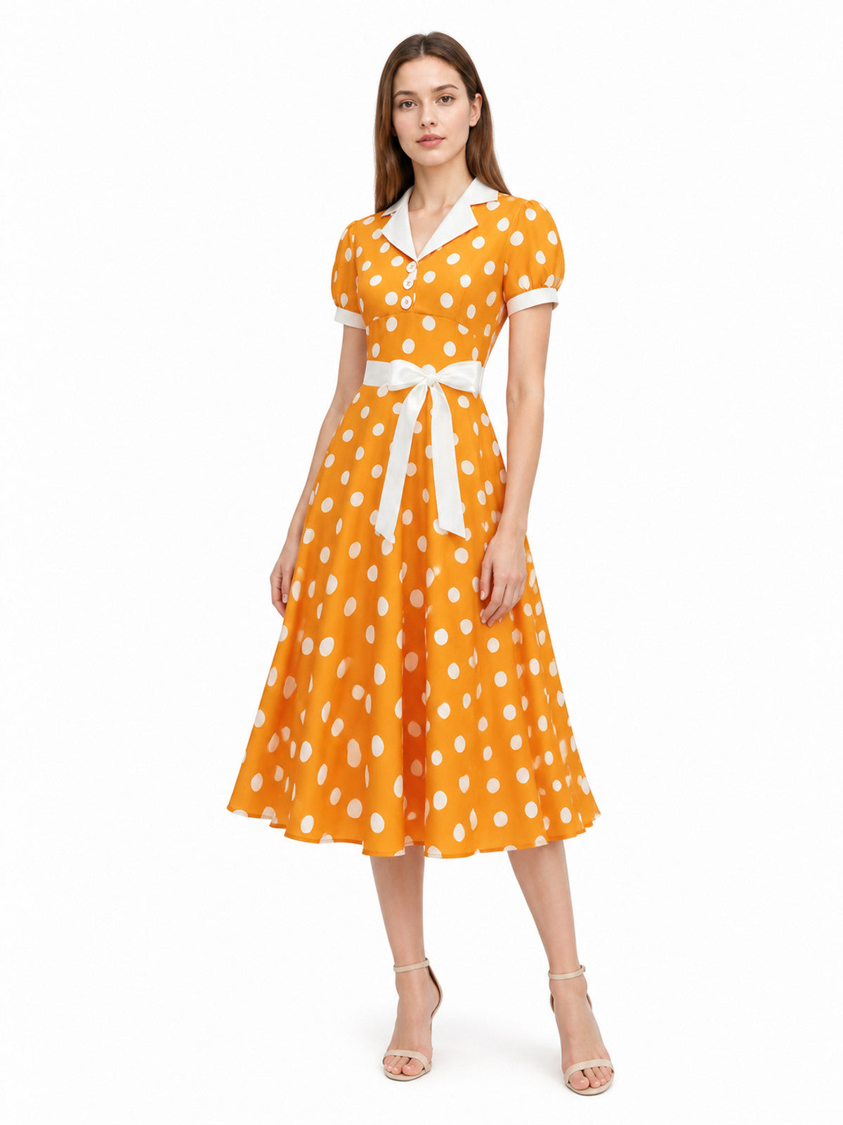 Polka Dot Dress with a Turn-Down Collar and Belt Costume Dresses detail