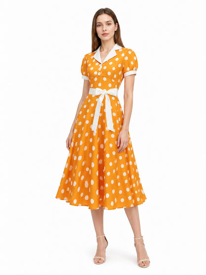 Polka Dot Dress with a Turn-Down Collar and Belt Costume Dresses detail