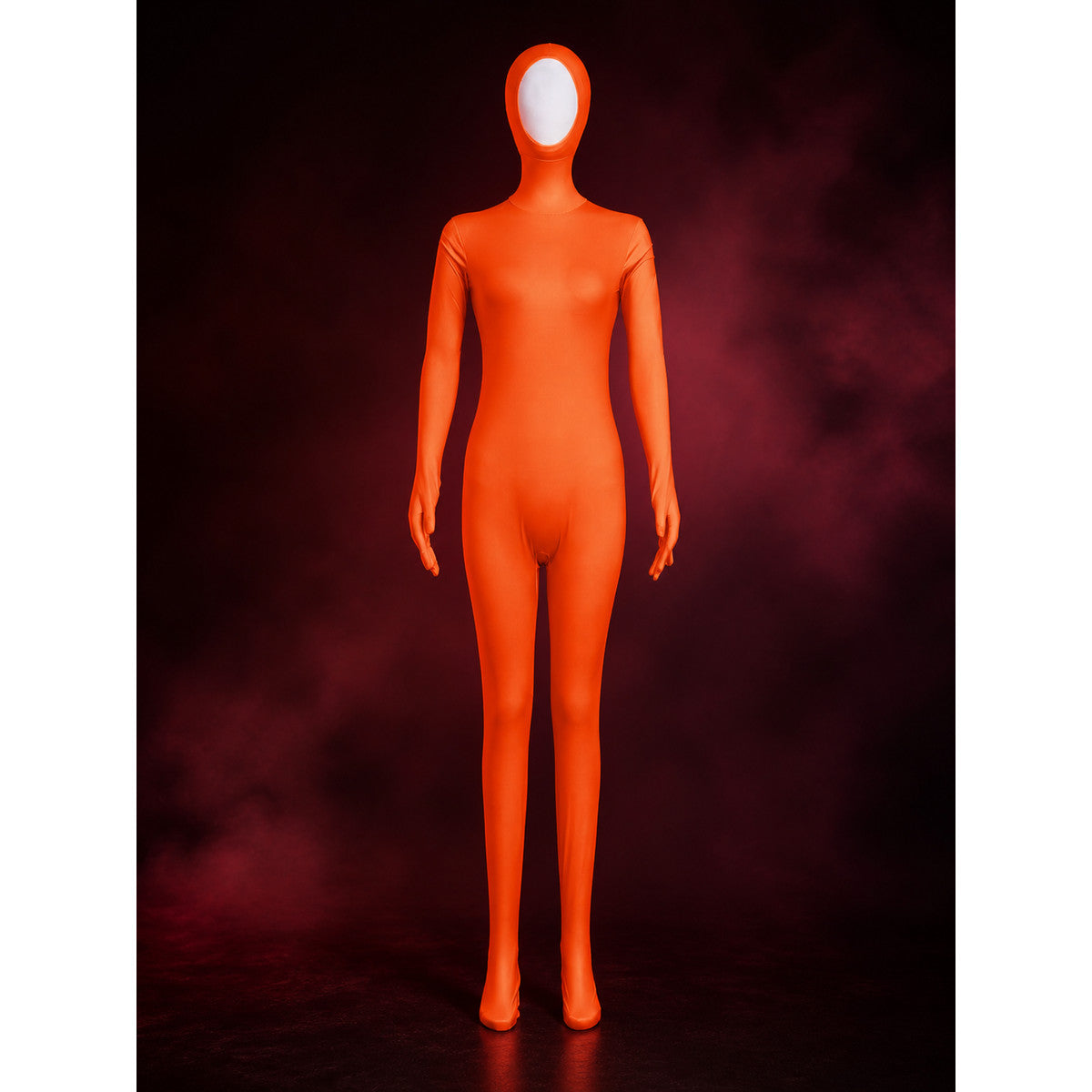 Women's Orange Zentai Bodysuit with Face Opening, Attached Gloves and Feet main product view