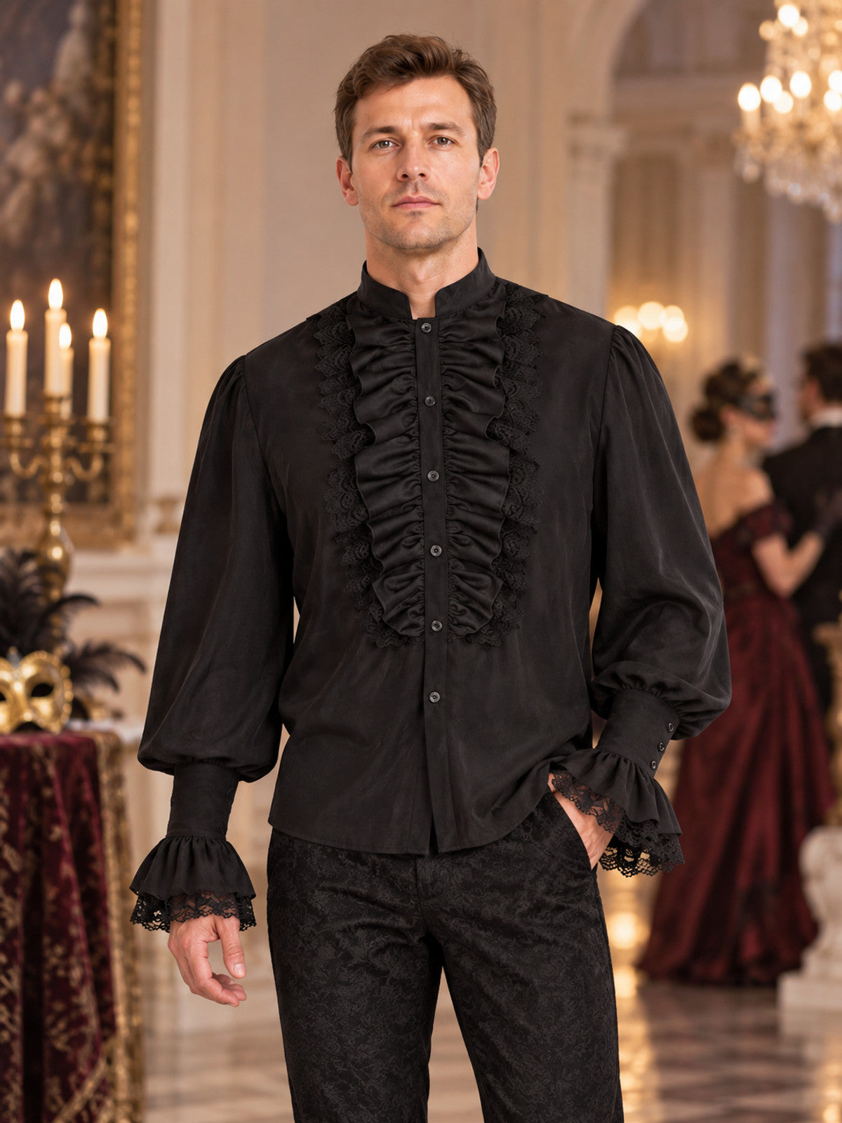 Black Renaissance-Style Shirt with Jabot and Lace