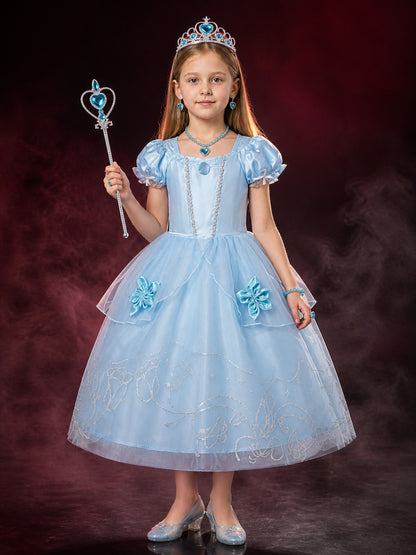 Girls Princess Costume Dress with Crown, Wand & Jewelry Set - Blue Sparkly