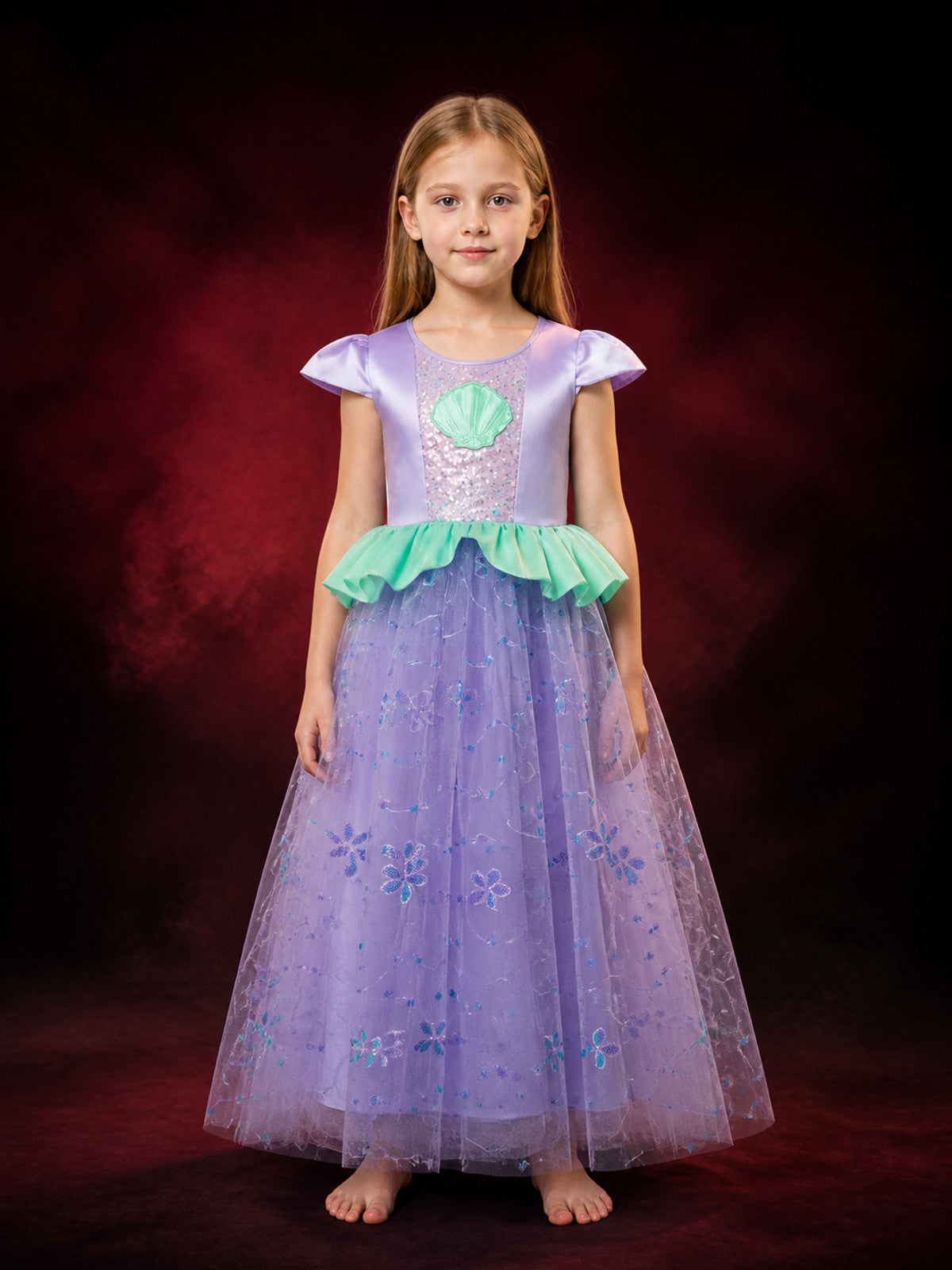 Girls' Mermaid Princess Dress Costume, Sequined Floral Mesh Performance Gown main product view