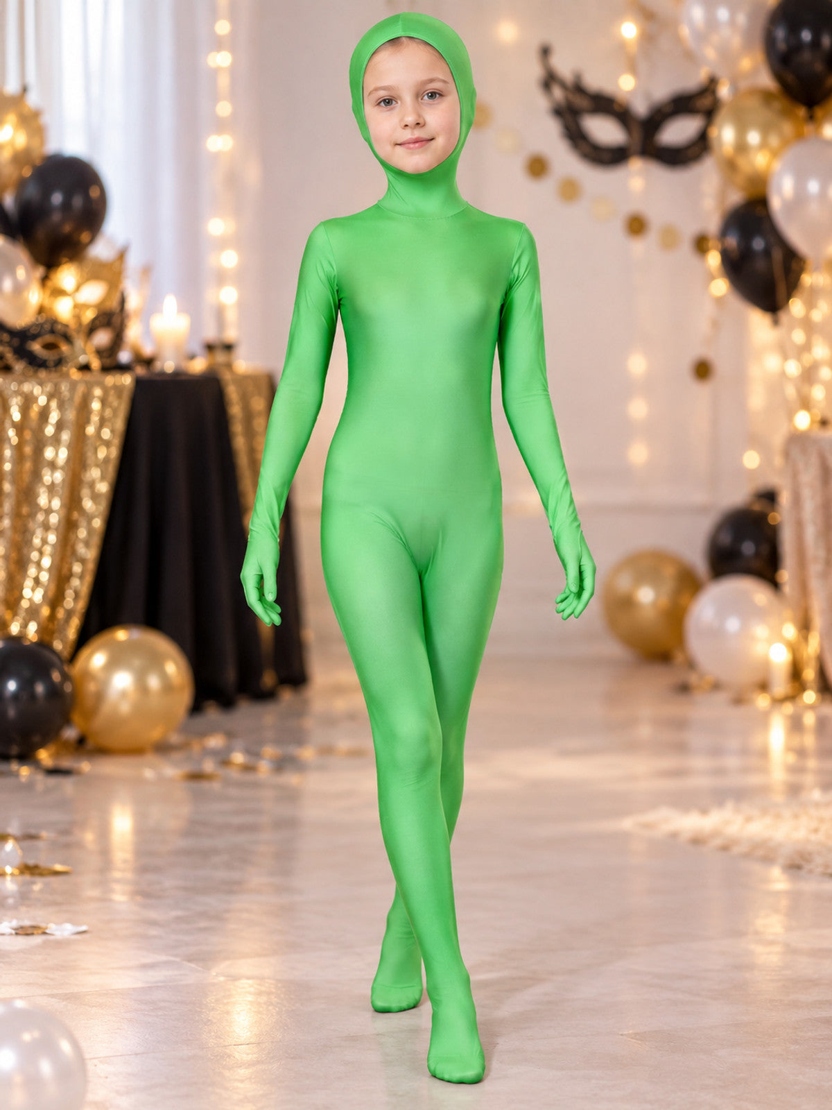 Bright Green Masquerade Jumpsuit with Hood lifestyle view