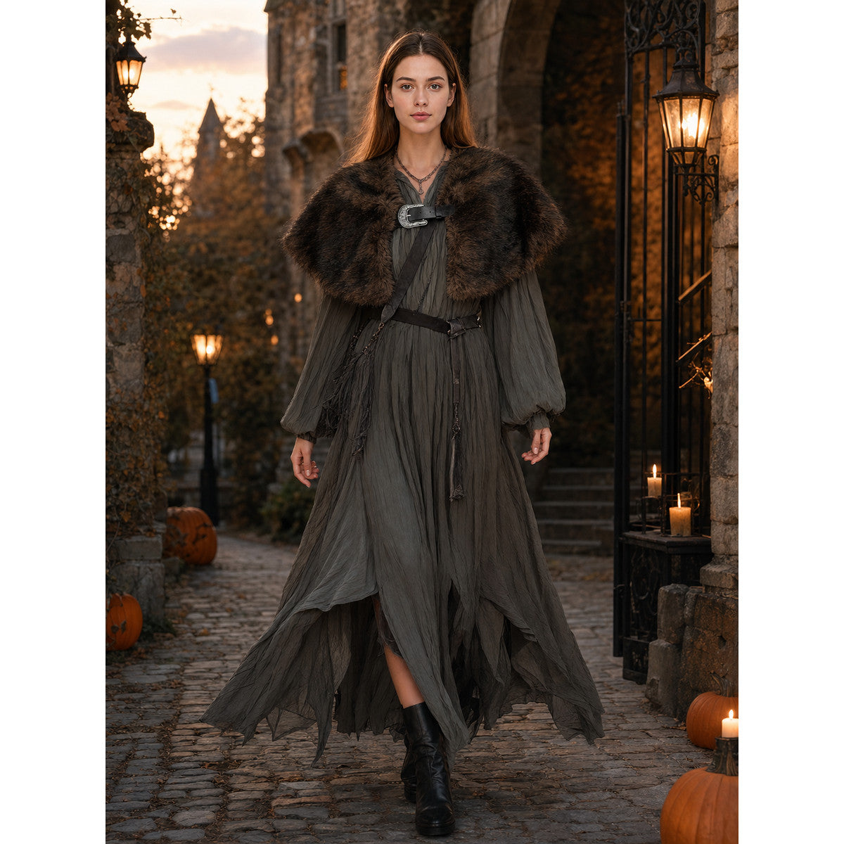 Fur Shoulder Shawl with Buckle, Brown lifestyle