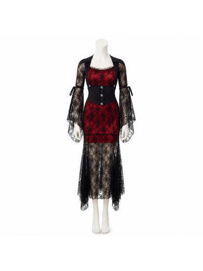 Red and Black Dress with Batwing Sleeves and Spiderweb Pattern Costume Dresses detail