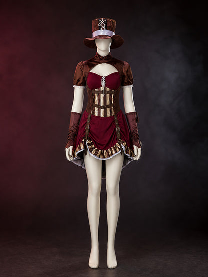 Pirate Costume Set With Dress, Hat And Sleeves, Burgundy And Brown main product view