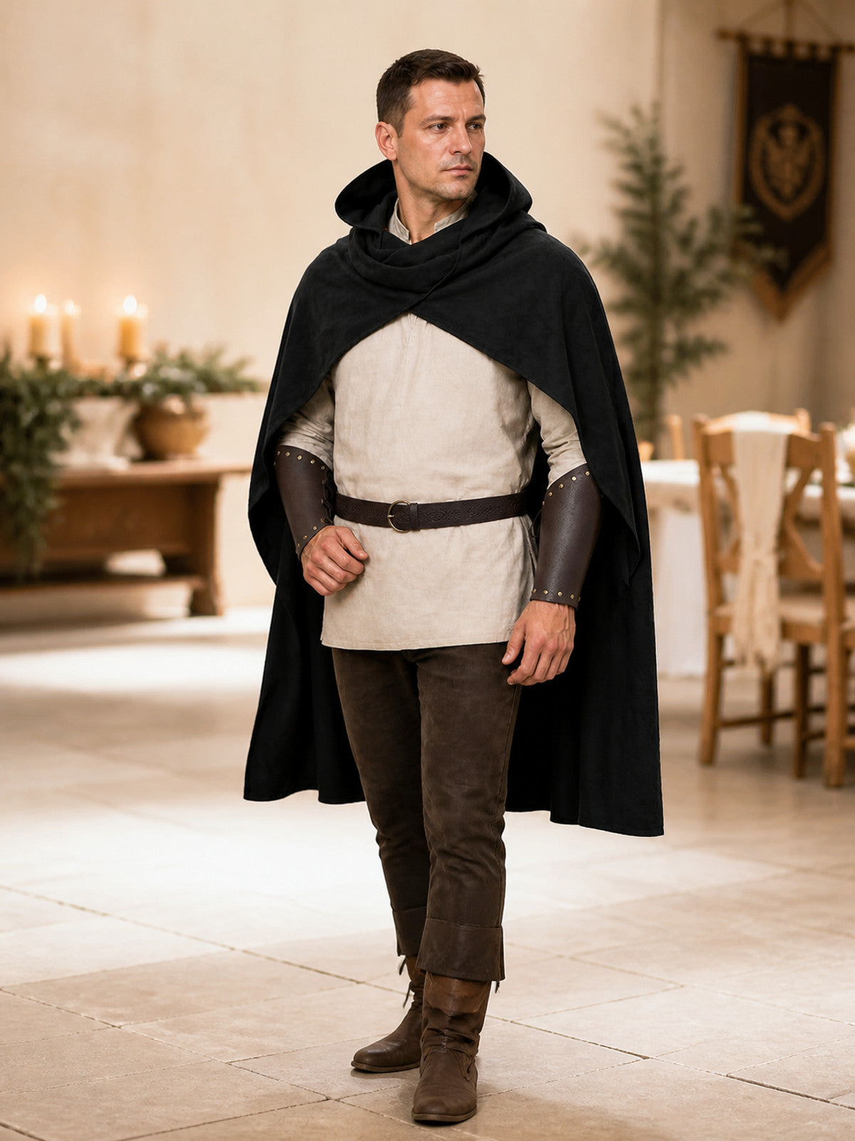 Medieval Hooded Cape for Cosplay, Black