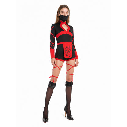 Ninja Cosplay Costume with Mask, Black and Red on-model front view