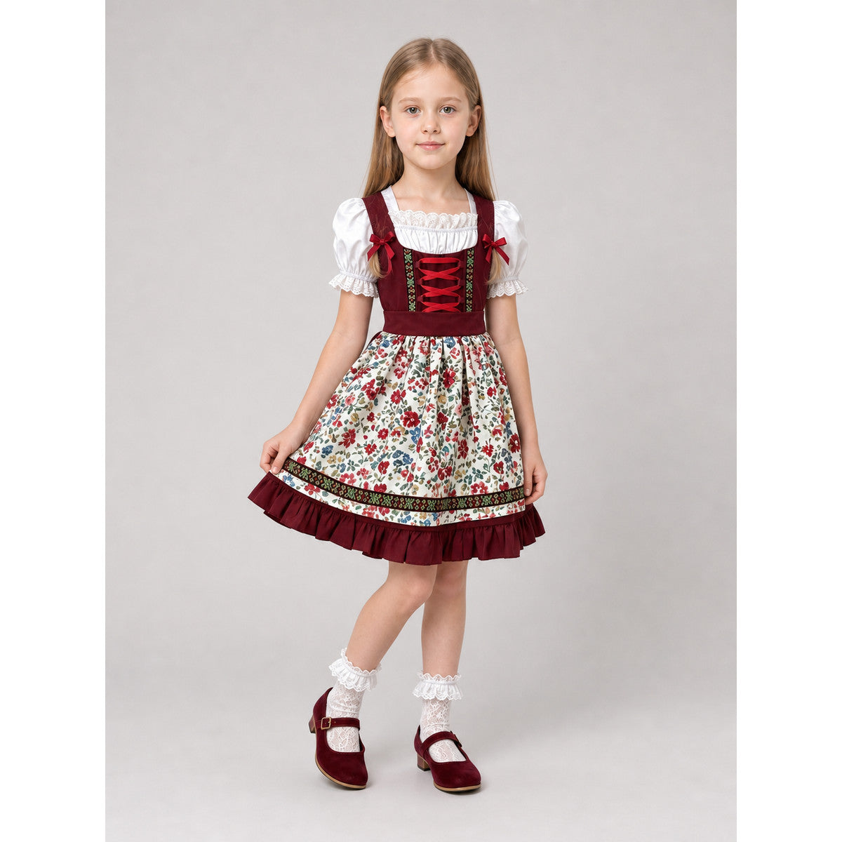 Dirndl with Floral Print and Lace Trim on-model front view