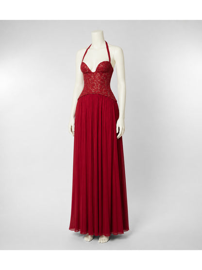 Maxi Dress with Halter Straps, Corset Bodice, and Pleated Skirt Costume Dresses detail