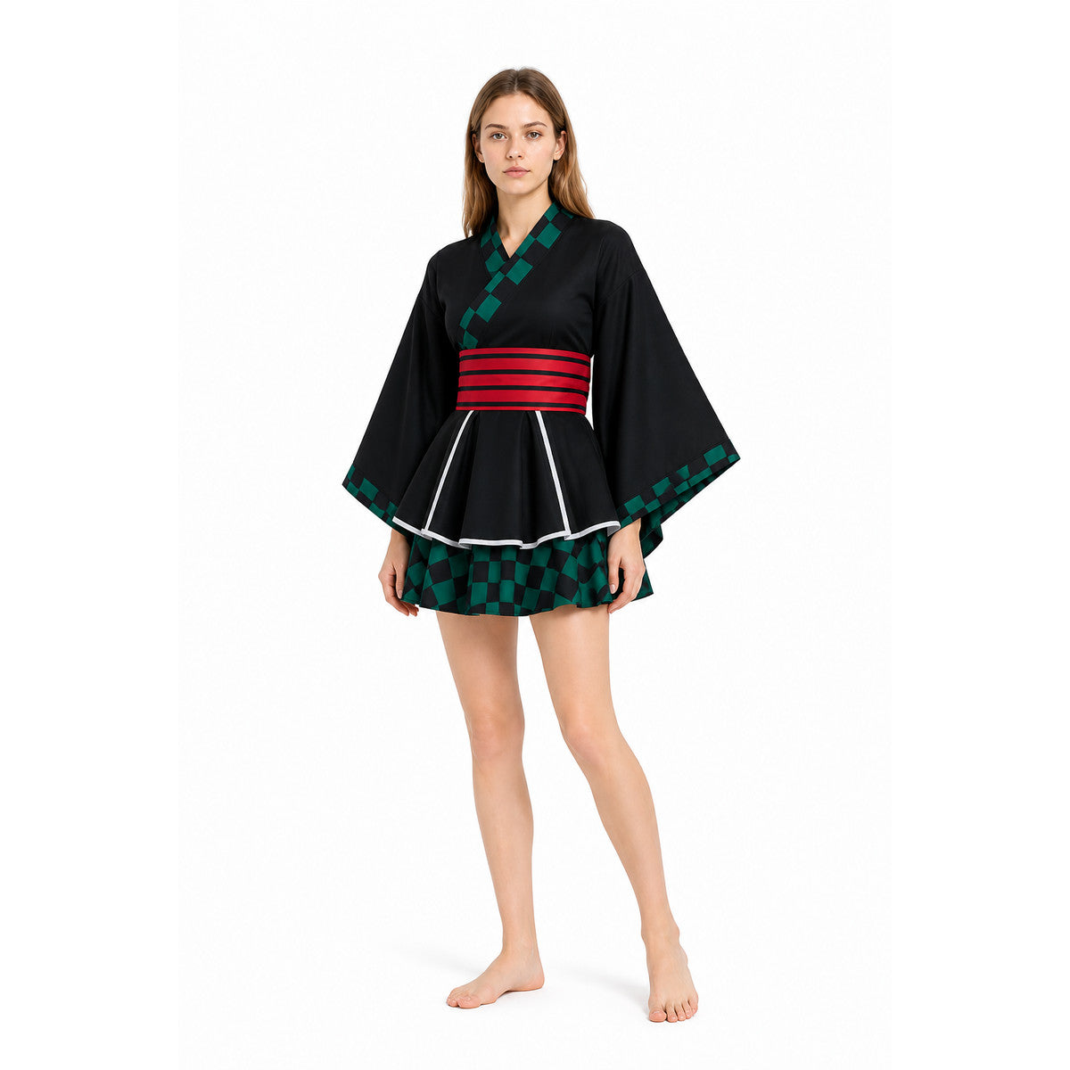 Black Cosplay Dress with White Trim and Checkered Pattern Costume Dresses detail