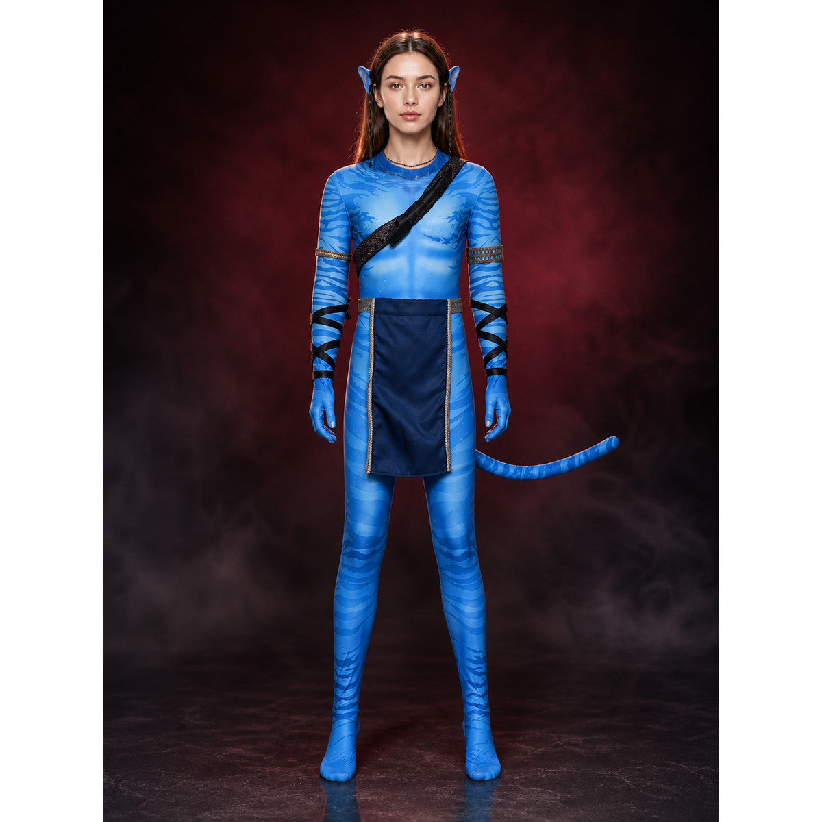 Full-length front view of the blue striped Avatar cosplay bodysuit with apron, arm wraps and long tail