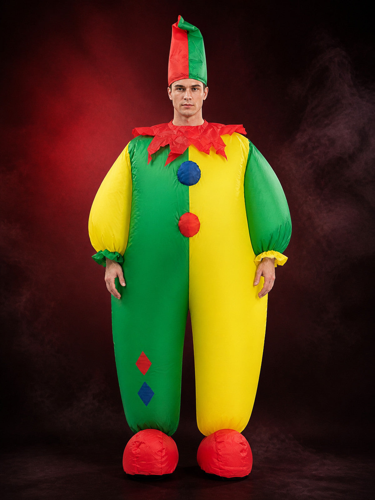 Colorful Jester Clown Inflatable Costume with Diamond Pattern and Jester Hat for main product view