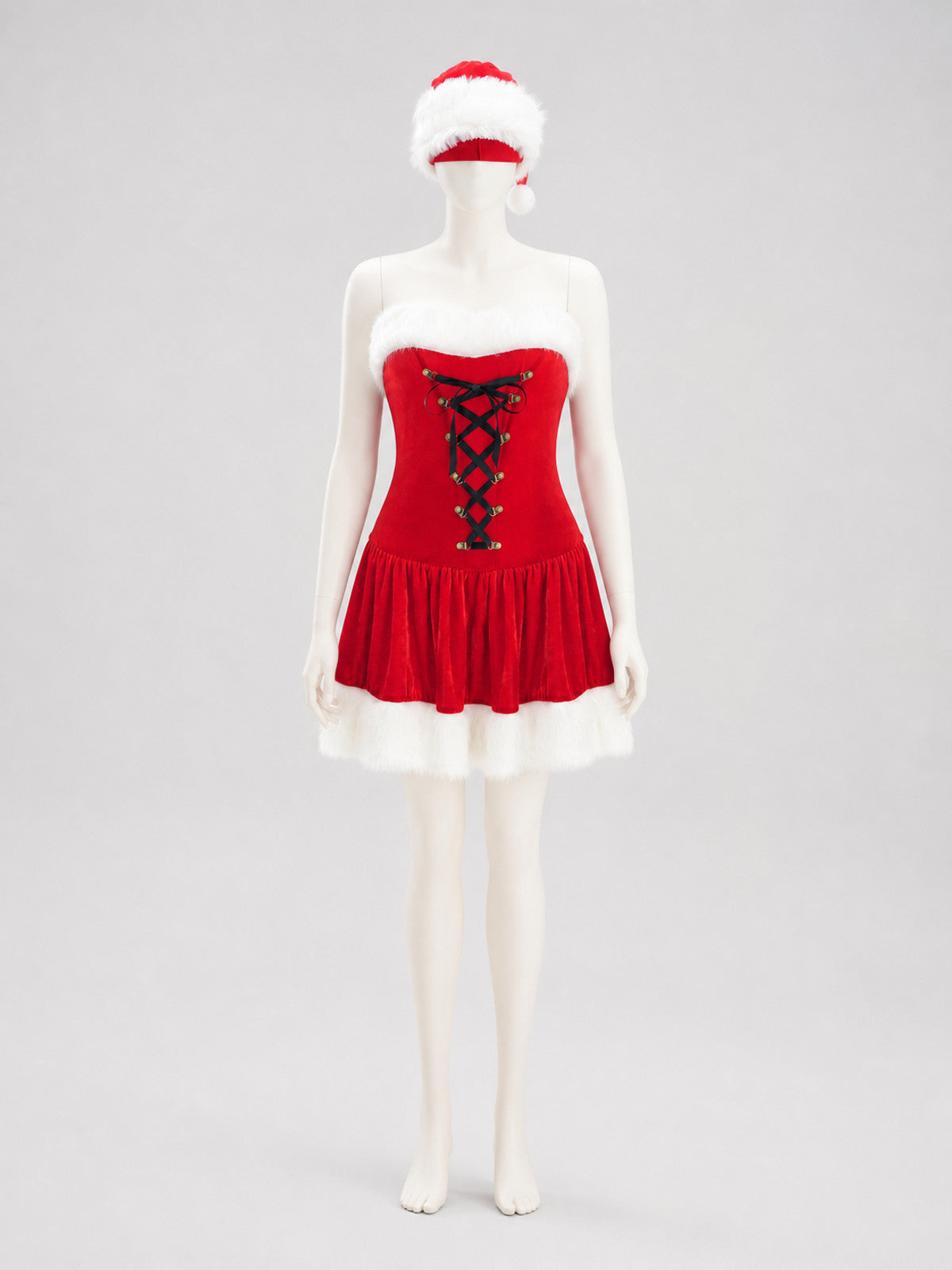 Red Christmas Dress with White Trim and Hat Costume Dresses detail