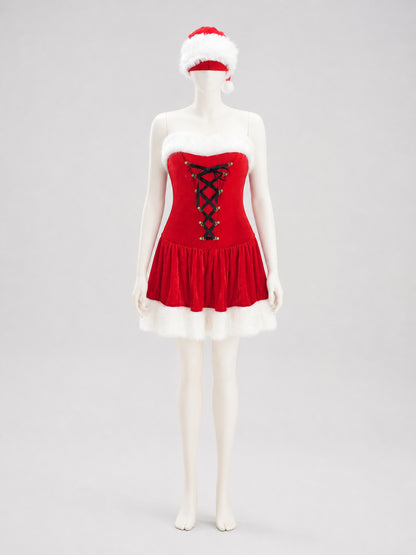 Red Christmas Dress with White Trim and Hat Costume Dresses detail