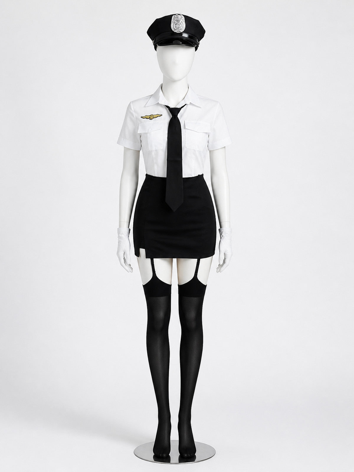 Women's Police Officer Costume, Black and White Uniform with Skirt and Badge