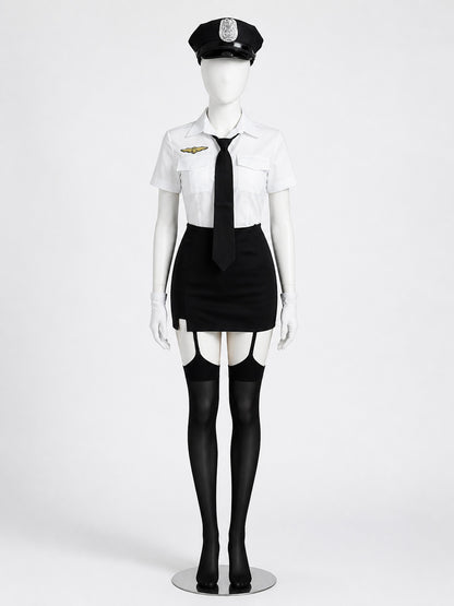 Women's Police Officer Costume, Black and White Uniform with Skirt and Badge