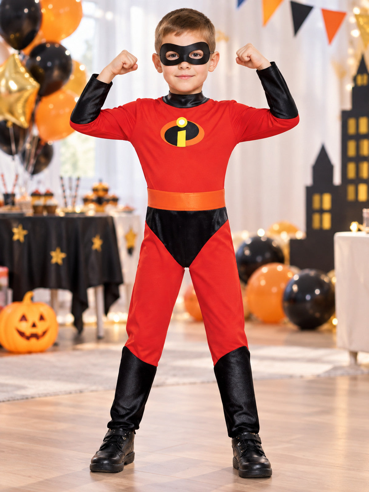 Kids' superhero costume with red jumpsuit and mask