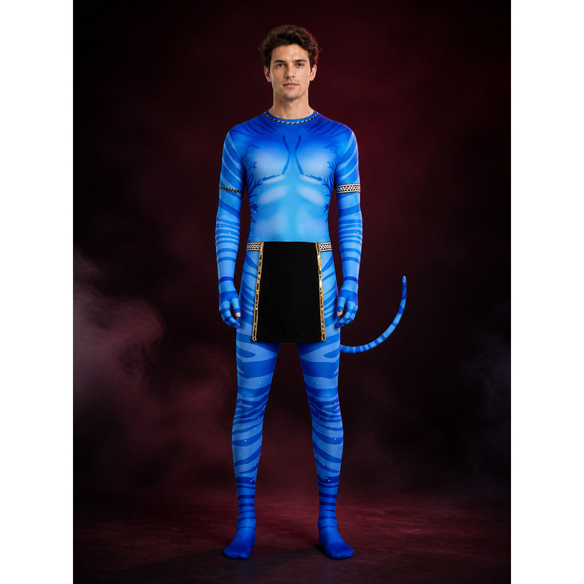 Blue Striped Alien Bodysuit Costume with Tail, Halloween Outfit lifestyle