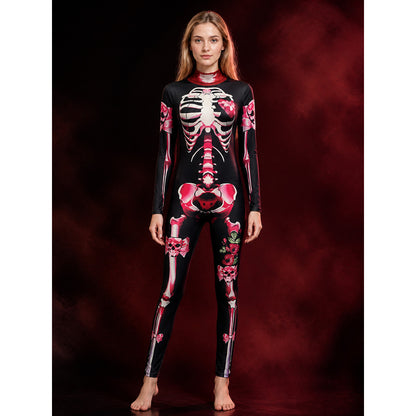 Long Sleeve High Neck Skeleton Bodysuit Costume With Pink Bow Print main product view