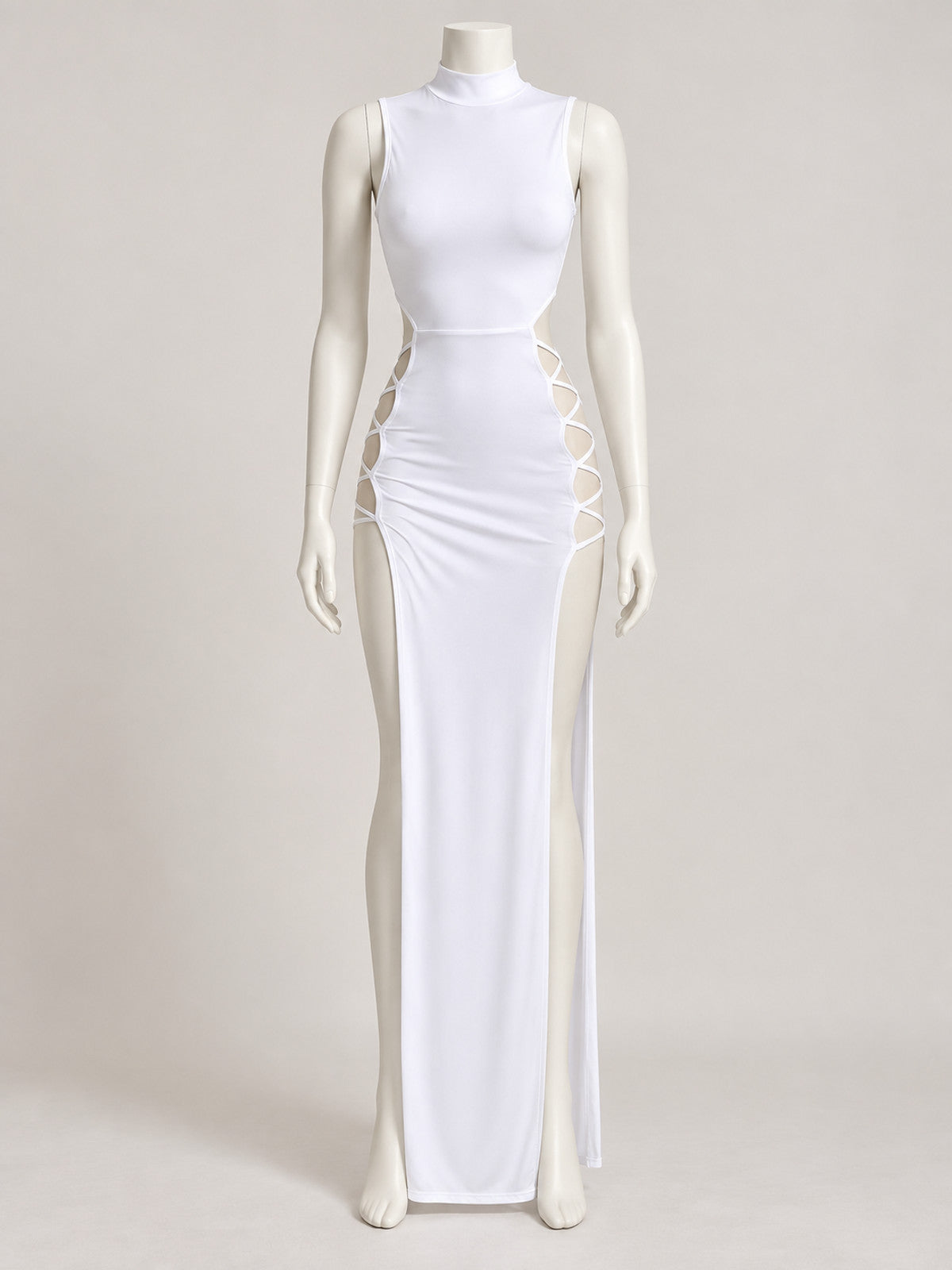 White Sleeveless Bodycon Dress with Side Cutouts lifestyle view