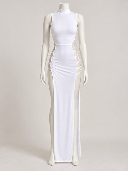 White Sleeveless Bodycon Dress with Side Cutouts lifestyle view